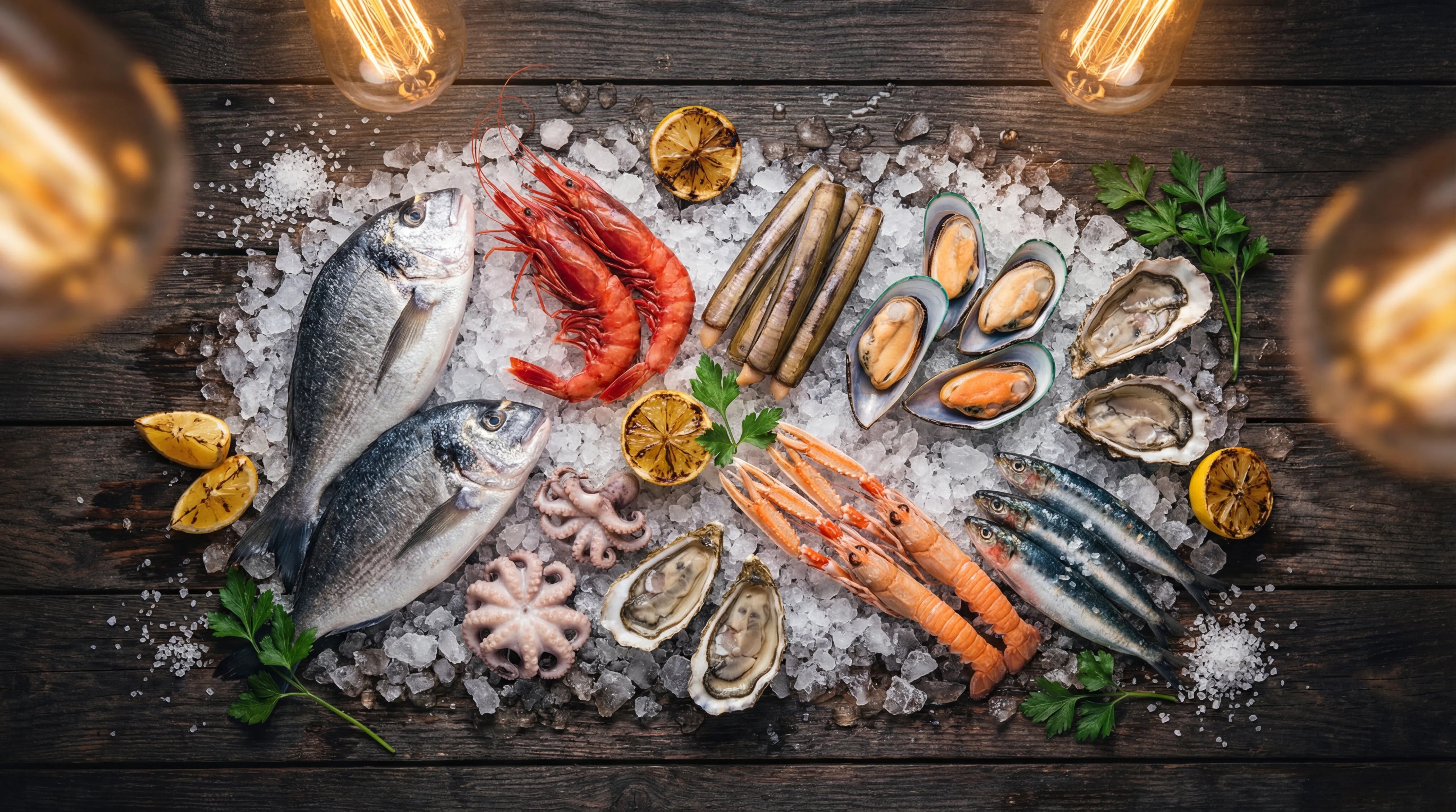 Expositor de marisco fresco: gambas rojas, navajas, mejillones y vieiras sobre mesa de madera oscura con luz cálida